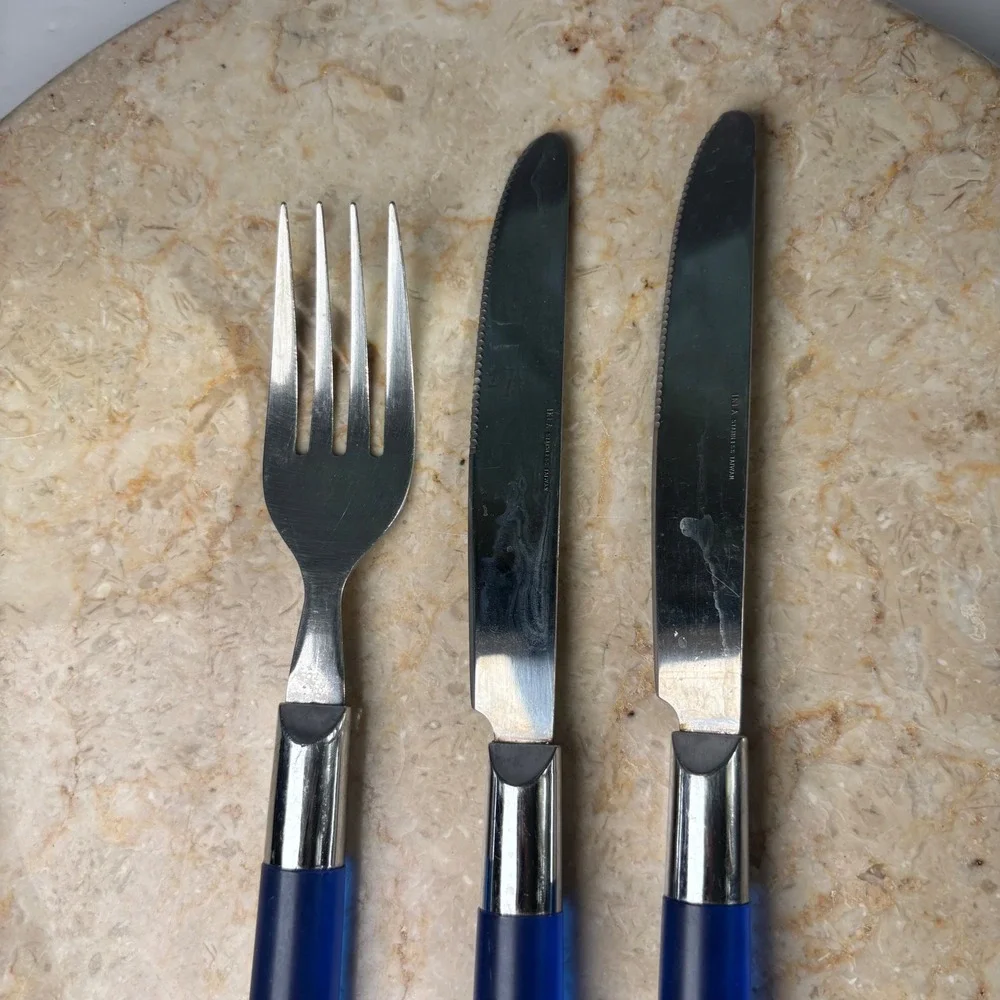 IKEA Flatware Set 3pc Blue Frosted Translucent Handle Stainless Steel Taiwan